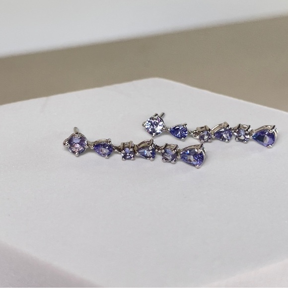 925 Silver Round and Pear Shaped December Birthstone Tanzanite Dangle Earrings - Picture 10 of 17